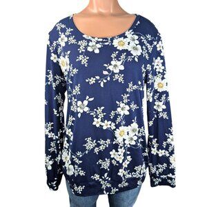 Hotgift Medium Blue Floral Long Sleeve Scoop Neck Soft Blouse
